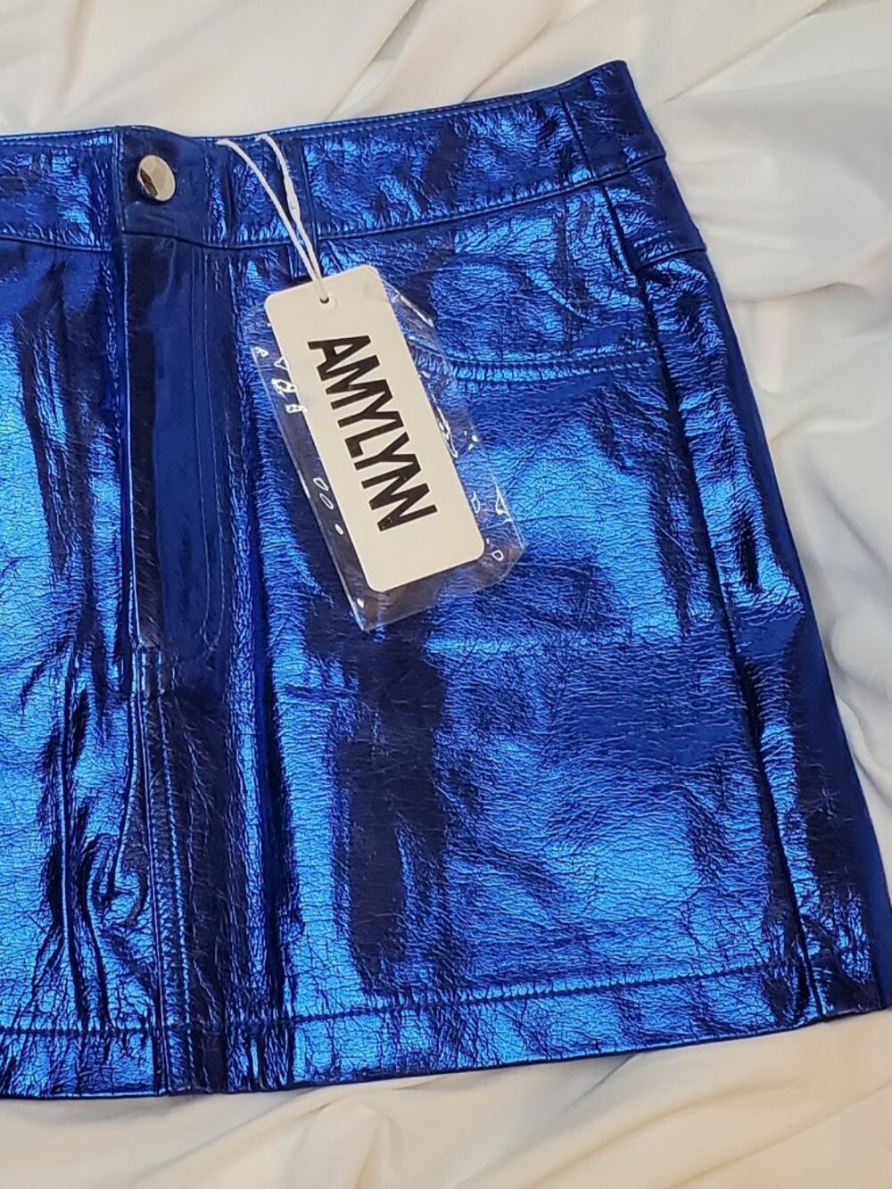 NWT Amy Lynn Milena Metallic Faux-Leather Mini Skirt Cobalt Blue - Size S & M
